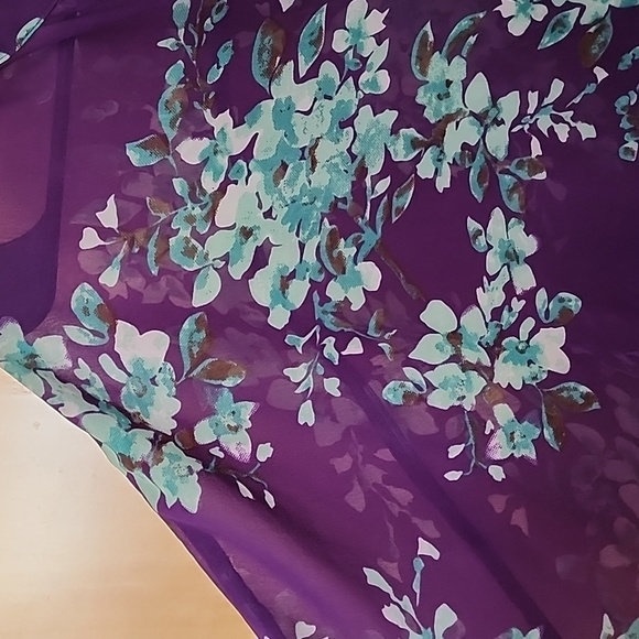 Purple Printed Semi Sheer Shirt with Turquoise Flowers - Picture 6 of 6